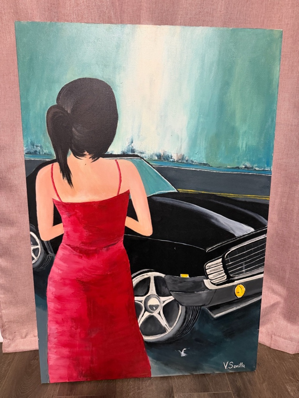 Red Dress Woman and Black Car Canvas Art